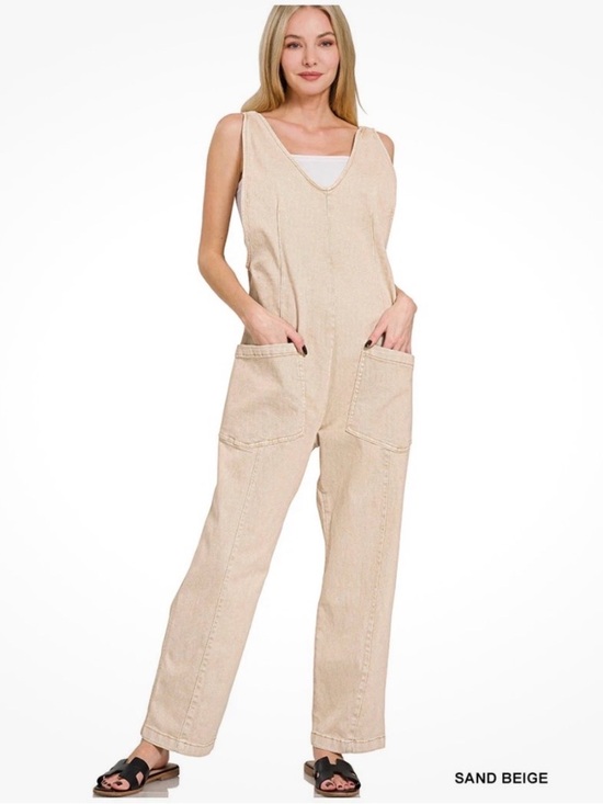 Zenana Outfitters Pants - NWT Zenana Sand Beige Denim overall oversized